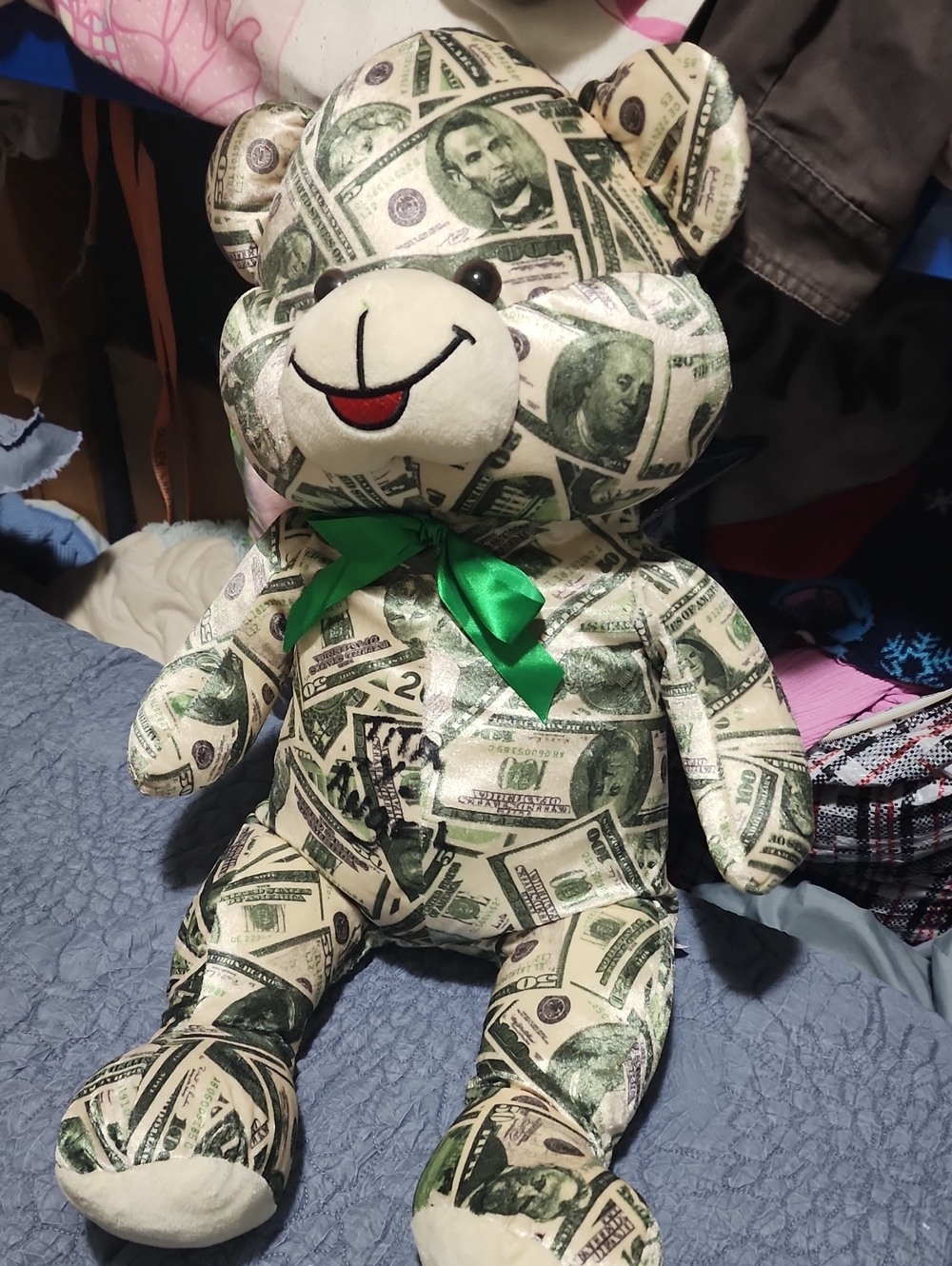Green Money-Print Plush Teddy Bear with Bow